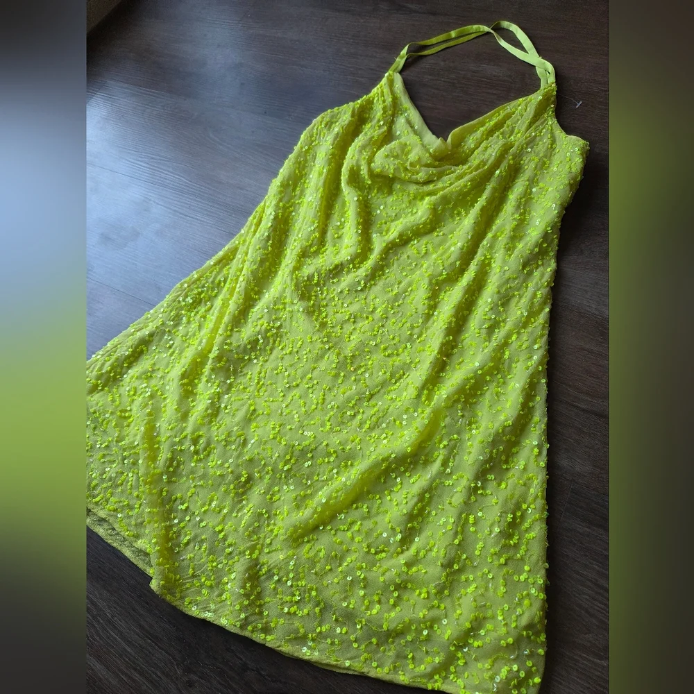 Show Me Your MuMu Lime Green Sequin Cowl Neck Mini Dress - Picture 10 of 16
